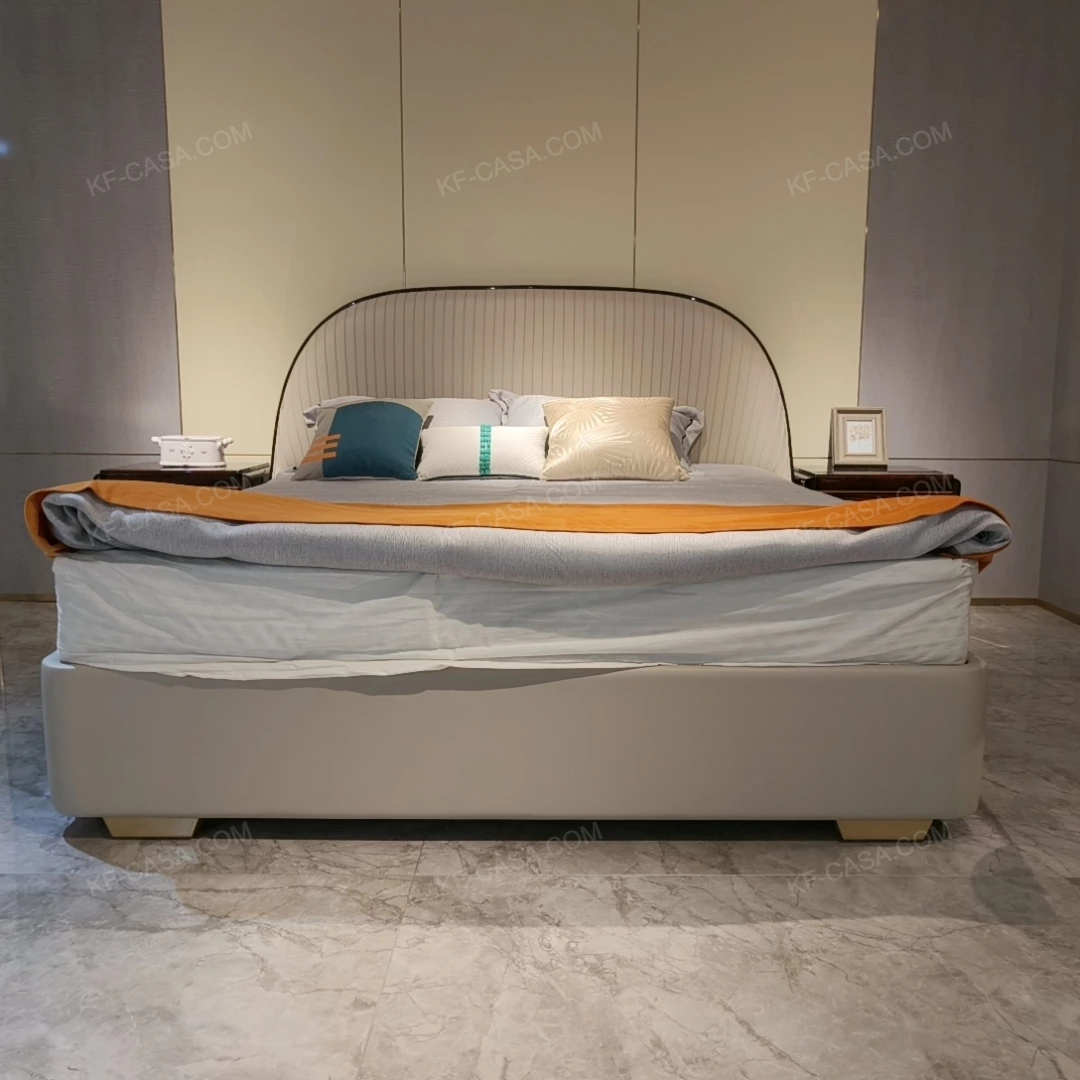 Light Beige Upholstered Bed with Vertical-Striped Headboard, Natural Wood Veneer Trim & Gold Stainless Steel Feet